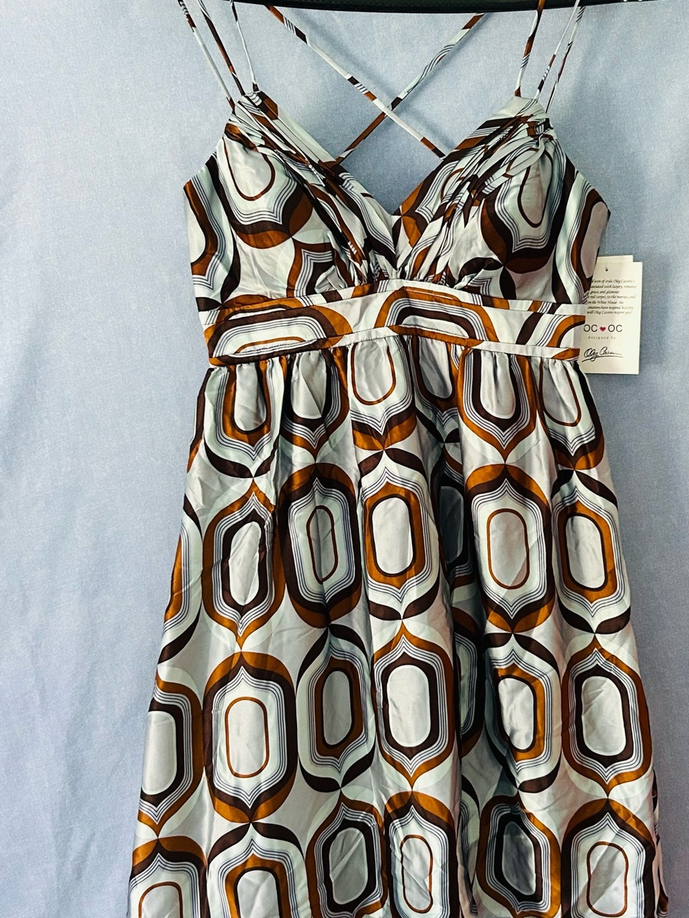VTG OC Light Blue Silk Mini Dress with Brown Geometric Print Padded cups SZ 10